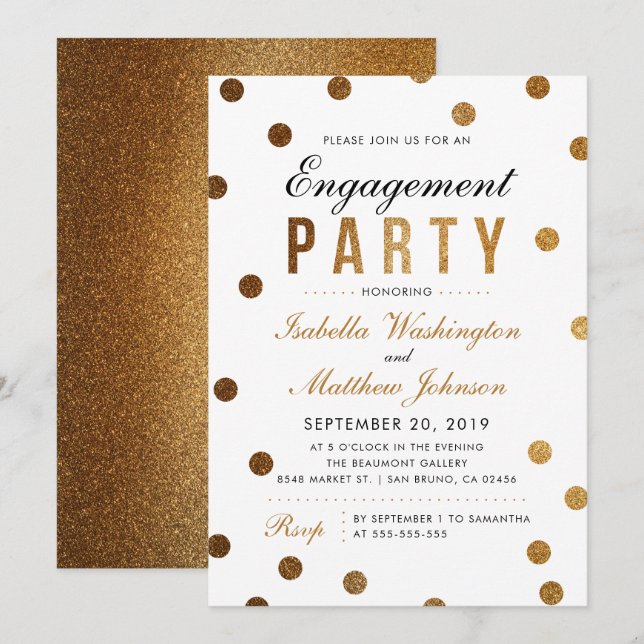 Invitation Elégant Confetti Or & White Engagement Party (Devant / Derrière)