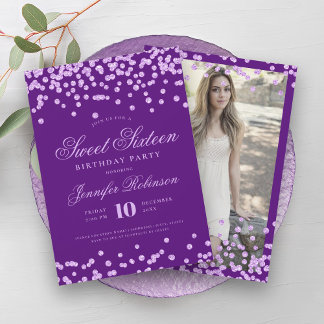 Invitation Élégant Confetti violet photo Sweet 16