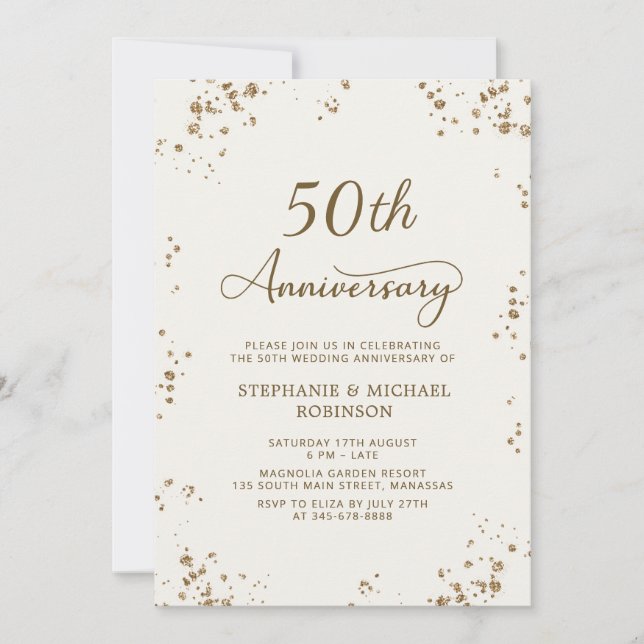 Invitation Élégant Confettis Dorés 50e Anniversaire de Mariag (Devant)