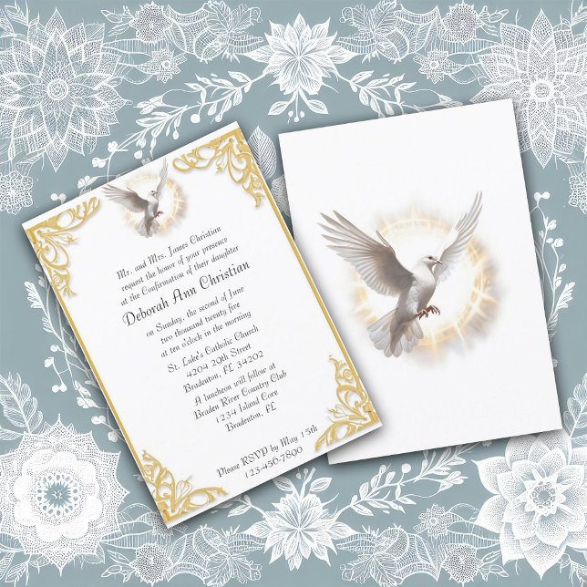 Invitation Elégant Confirmation Gold Frame Dove Design (Créateur téléchargé)