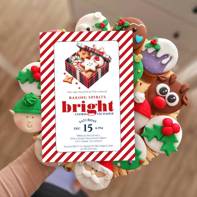 Invitation Élégant Cookie Exchange Party Blue Red (Baking spirits bright cookie exchange party invitation front view.)