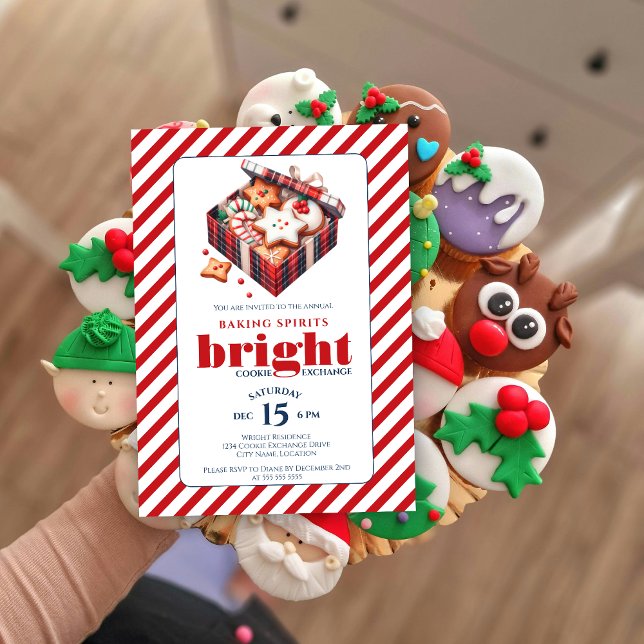 Invitation Élégant Cookie Exchange Party Blue Red (Baking spirits bright cookie exchange party invitation front view.)