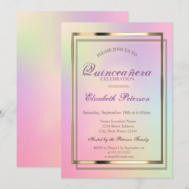 Invitation Élégant Cool Holographique Quinceañera (Devant / Derrière)