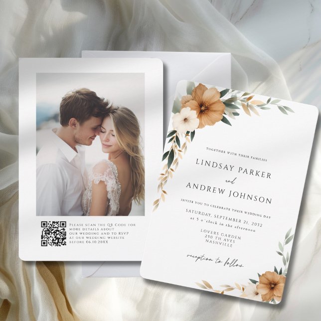 Invitation Elegant Copper & Earthy Botanical Wedding Photo (Elegant Copper & Earthy Photo QR Code Botanical Wedding Invitation)