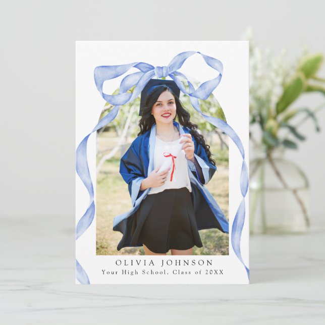 Invitation Elegant Coquette Blue Bow Photo Graduation Party (Debout devant)