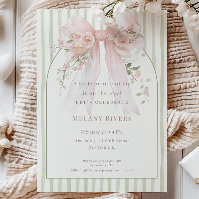 Invitation Elegant Coquette Pink Blush Roses Bow Baby Shower (Créateur téléchargé)