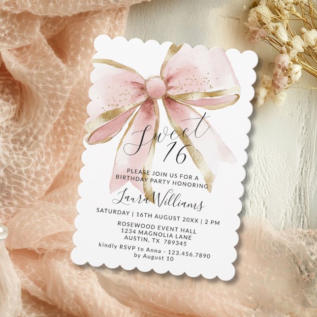 Invitation Elegant Coquette Pink & Gold Bow Sweet 16 (Elegant Coquette Pink and Gold Bow Sweet 16th Invitation)