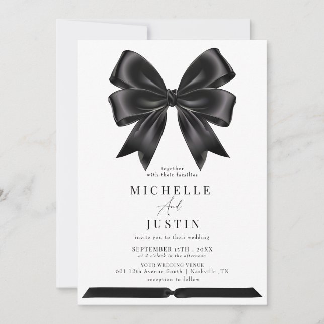 Invitation Élégant Coquette ruban Bow noir blanc Mariage (Devant)