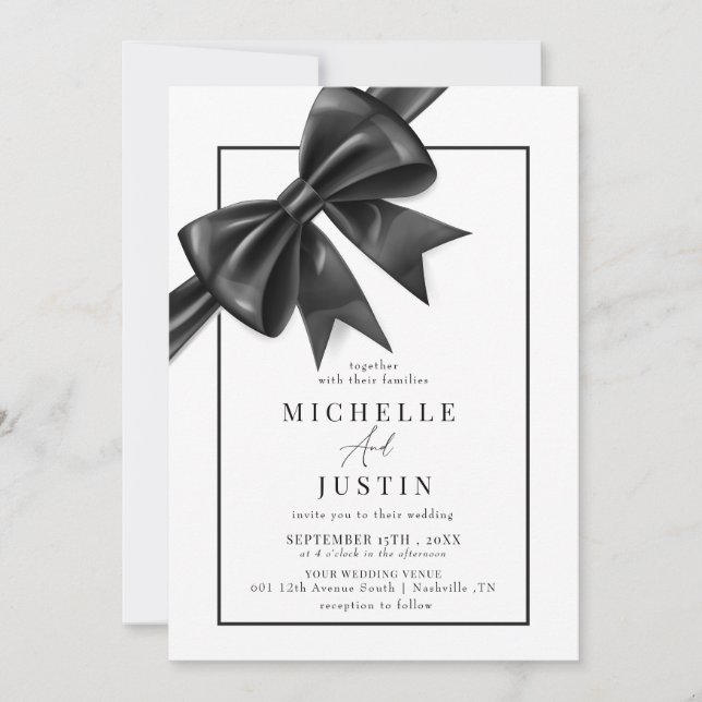 Invitation Élégant Coquette ruban Bow noir blanc Mariage (Devant)