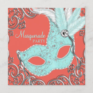 Invitation Elégant Corail et Turquoise Blue Masquerade Party