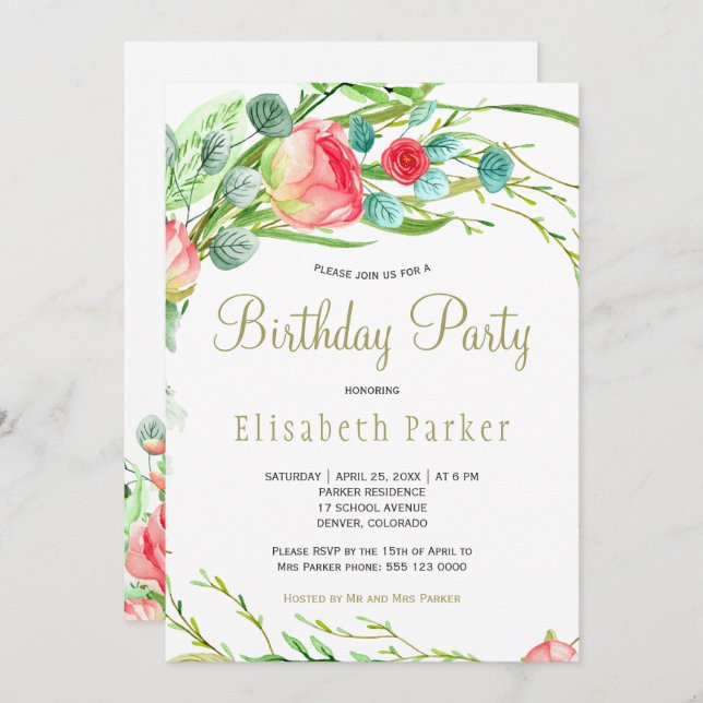 Invitation Elégant corail jardin turquoise roses fête d'anniv (Devant / Derrière)