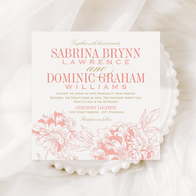 Invitation Elegant Coral and Gold Floral Peony Wedding (Créateur téléchargé)