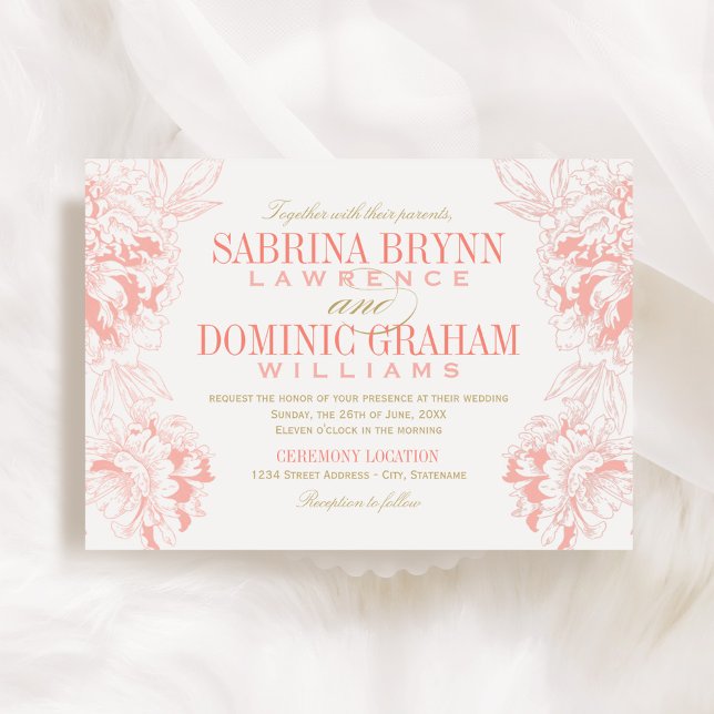 Invitation Elegant Coral and Gold Floral Peony Wedding (Créateur téléchargé)