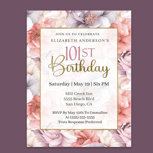 Invitation Elegant Coral and Lavender Peony 101st Birthday  (Créateur téléchargé)