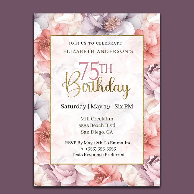 Invitation Elegant Coral and Lavender Peony 75th Birthday  (Créateur téléchargé)