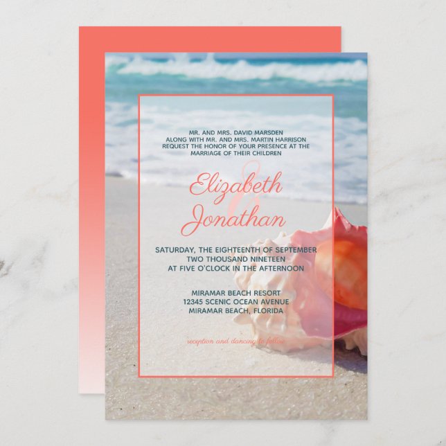 Invitation Elégant Coral Blue Tropical Beach Ombre Mariage (Devant / Derrière)