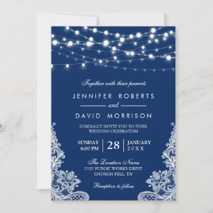 Invitation Élégant cordon lumineux blanc dentelle marine bleu