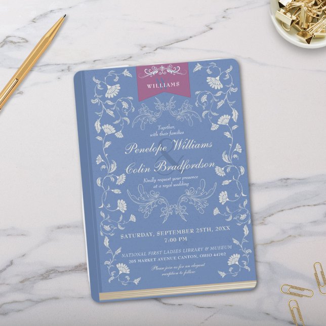 Invitation Élégant Cornflower Blue Floral Livre Mariage (Elegant Light Blue and Purple Wedding Invitation with White Floral Design and Book Cover Aesthetics)