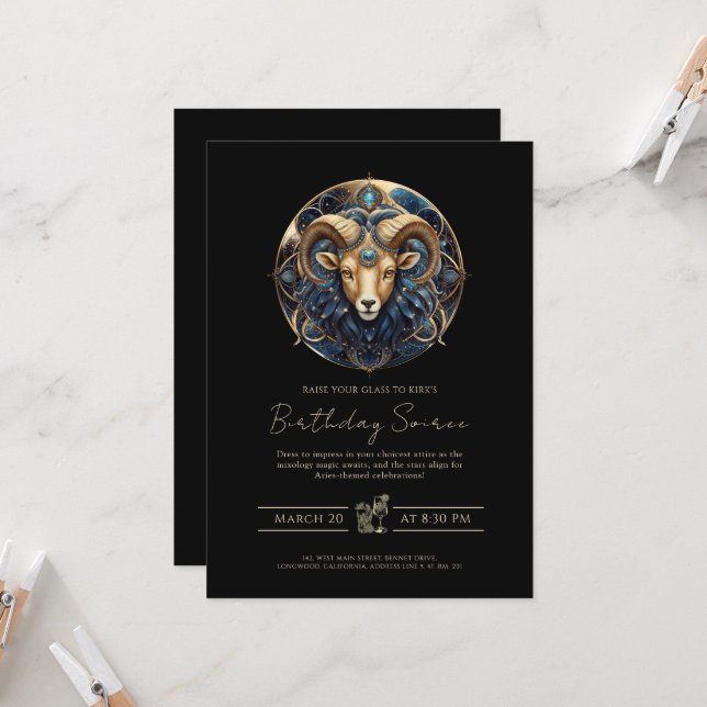 Invitation Elegant Cosmic Ram Zodiac Symbol Black Gold Aries (Devant/Arrière en situation)