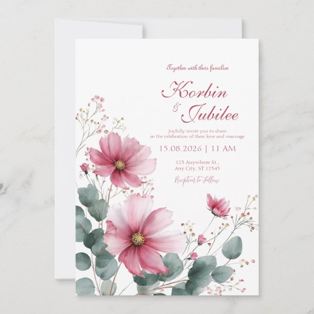 Invitation Élégant Cosmos Rose Eucalyptus Aquarelle (Devant)