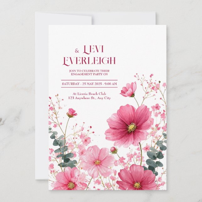 Invitation Élégant Cosmos Rose Eucalyptus Aquarelle (Devant)