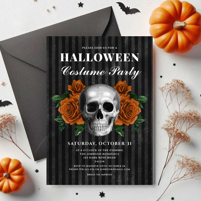 Invitation Élégant costume gothique floral crâne Halloween (Elegant Gothic Floral Skull Costume Halloween Invitation)