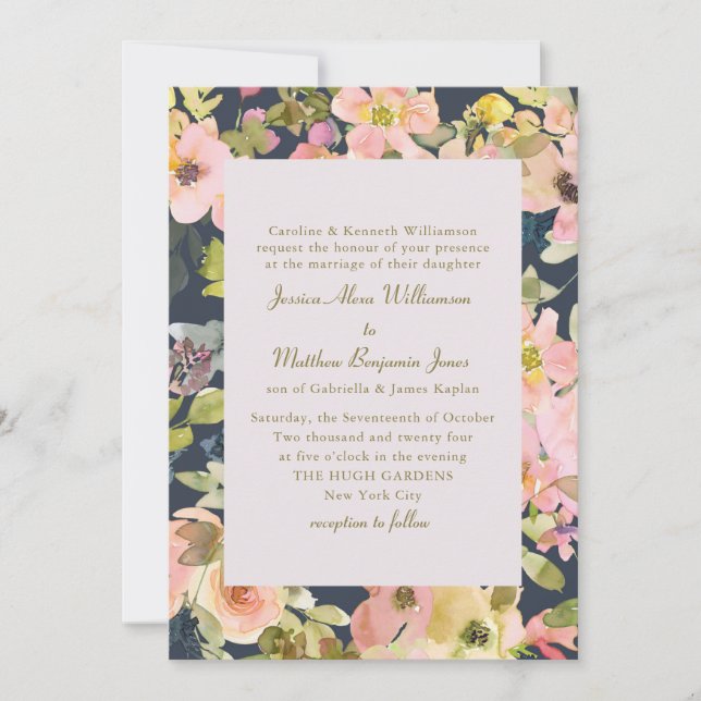 Invitation Elégant couleur d'eau rose marine Floral Mariage o (Devant)