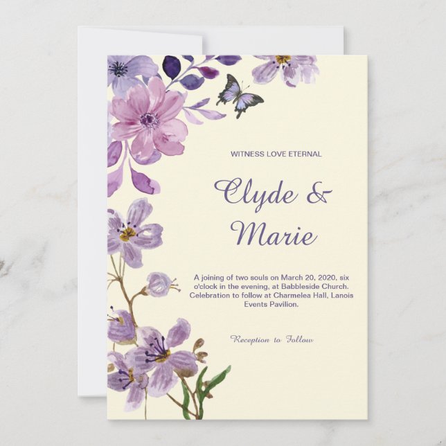 Invitation Elégant couleur violet Mariage floral (Devant)