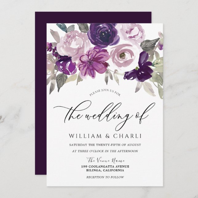 Invitation Elégant couleur violet Mariage floral (Devant / Derrière)