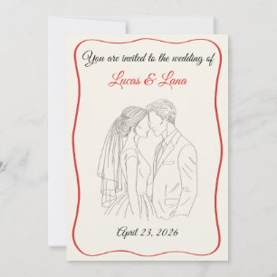 Invitation Élégant Couple de Mariage à la Ligne Rouge et Blan
