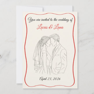 Invitation Élégant Couple de Mariage à la Ligne Rouge et Blan