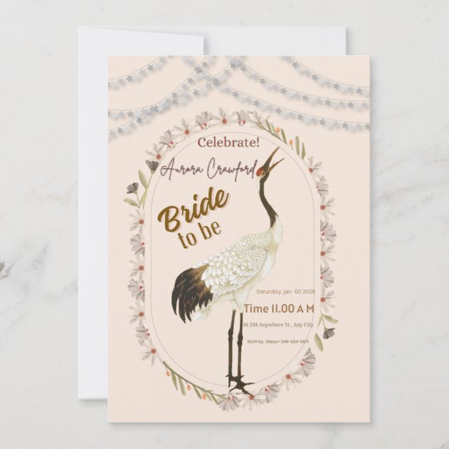 Invitation Elegant Crane Floral Border Bridal Shower Invitati (Devant)