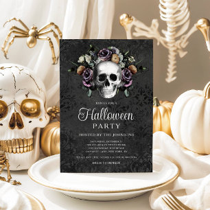 Invitation Elégant crâne floral gothique noir Halloween