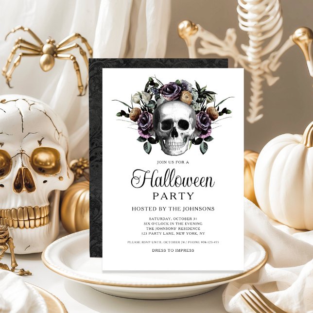 Invitation Elégant crâne floral gothique noir Halloween (Elegant Black Gothic Floral Skull Halloween Invitation)