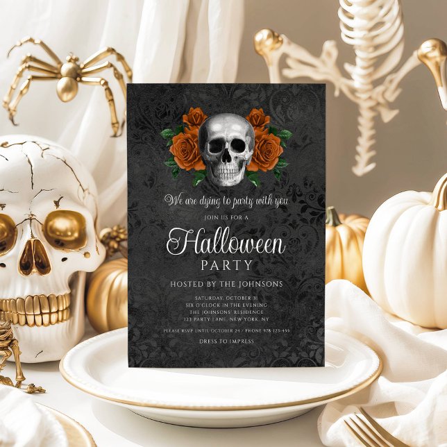 Invitation Élégant crâne floral gothique noir Halloween (Elegant Gothic Black Floral Skull Halloween Invitation)