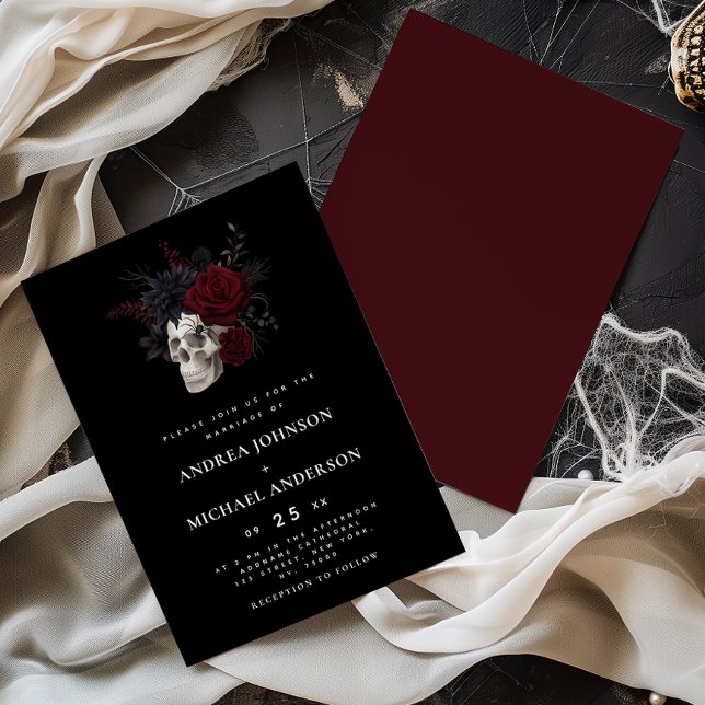 Invitation Elégant crâne floral Halloween Vin Mariage Rouge (Créateur téléchargé)