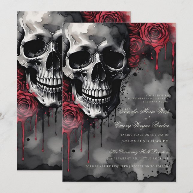 Invitation Elégant crâne gothique et Mariage Rose (Devant / Derrière)