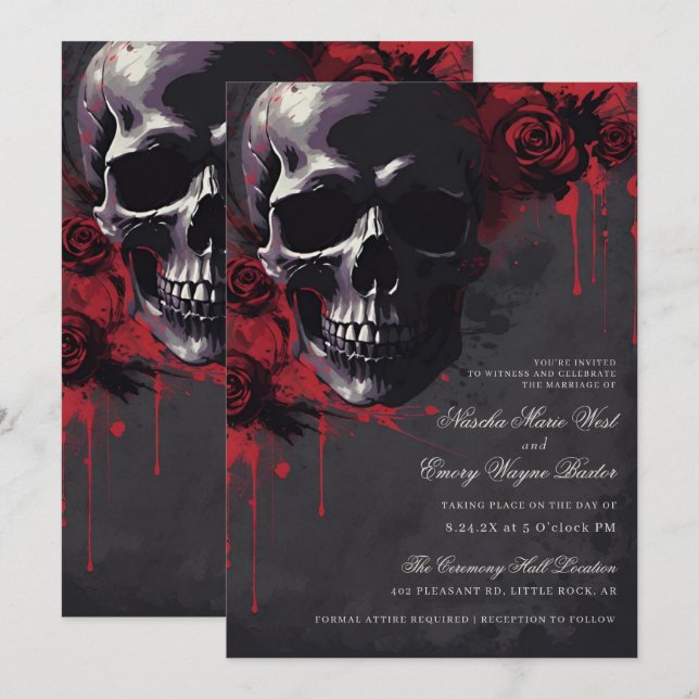 Invitation Elégant crâne gothique et Mariage Rose (Devant / Derrière)