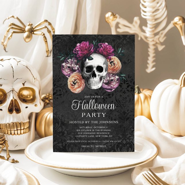 Invitation Elégant crâne gothique floral Halloween (Elegant Gothic Floral Skull Halloween Invitation)