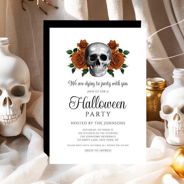 Invitation Elégant crâne gothique noir floral Halloween (Elegant Gothic Black Floral Skull Halloween Invitation)