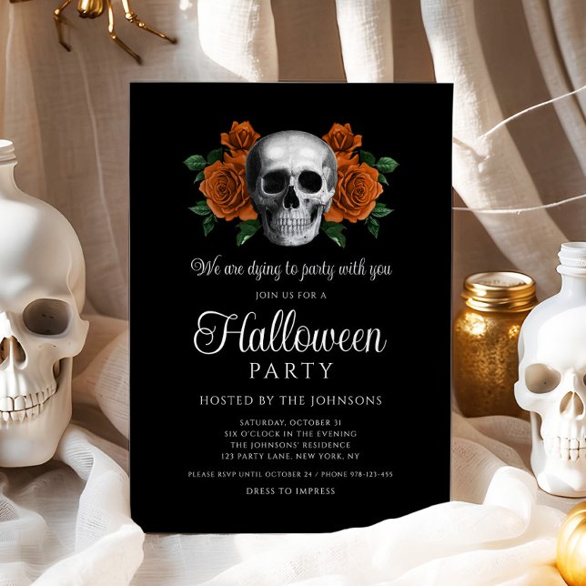 Invitation Elégant crâne gothique noir floral Halloween (Elegant Gothic Black Floral Skull Halloween Invitation - digital download)