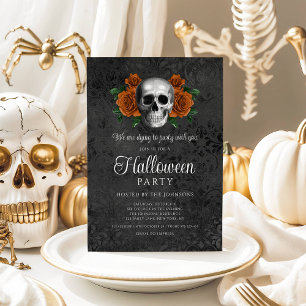 Invitation Elégant crâne gothique noir floral Halloween