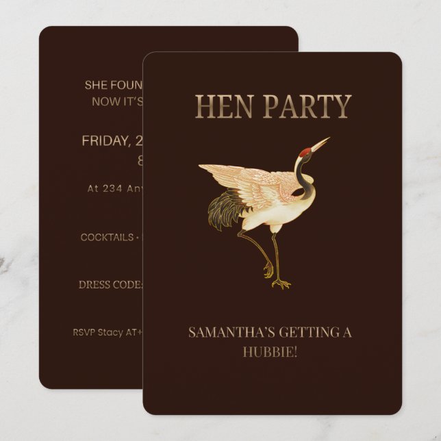 Invitation Elegant Crane Hen Party Invitation, Custom Bride t (Devant / Derrière)