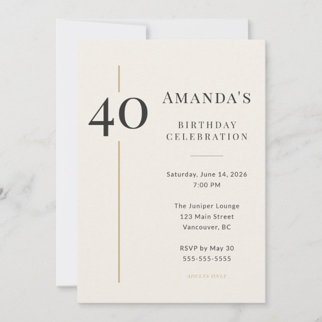 Invitation Elegant Cream & Gold 40th Birthday (Devant)