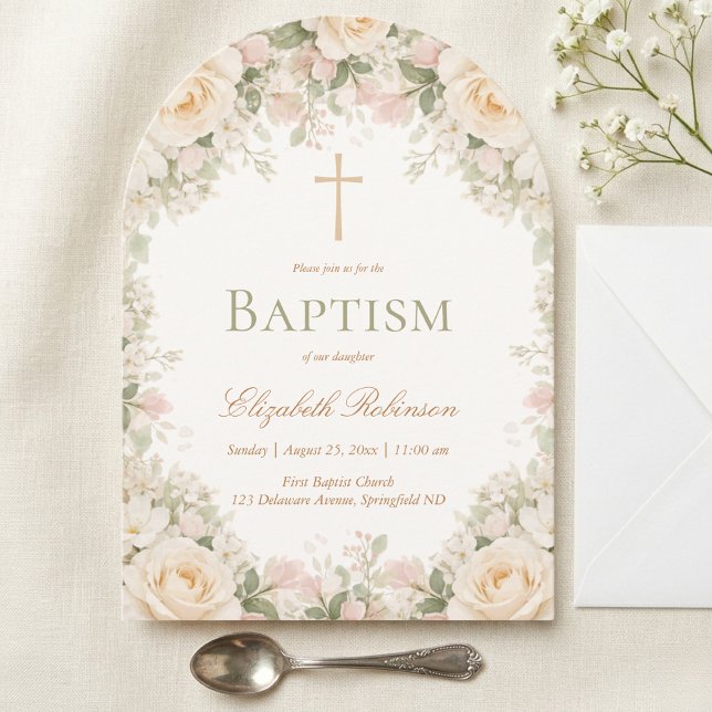 Invitation Elegant Cream Rose Floral Cross Baptism (Créateur téléchargé)