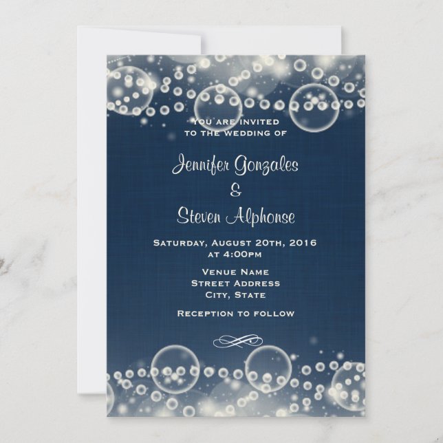 Invitation Élégant Crème Dentelle et Perles sur Mariage Bleu (Devant)