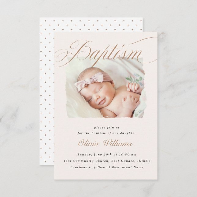 Invitation Élégant crème Dusty pétoncles Christening Baptême (Devant / Derrière)