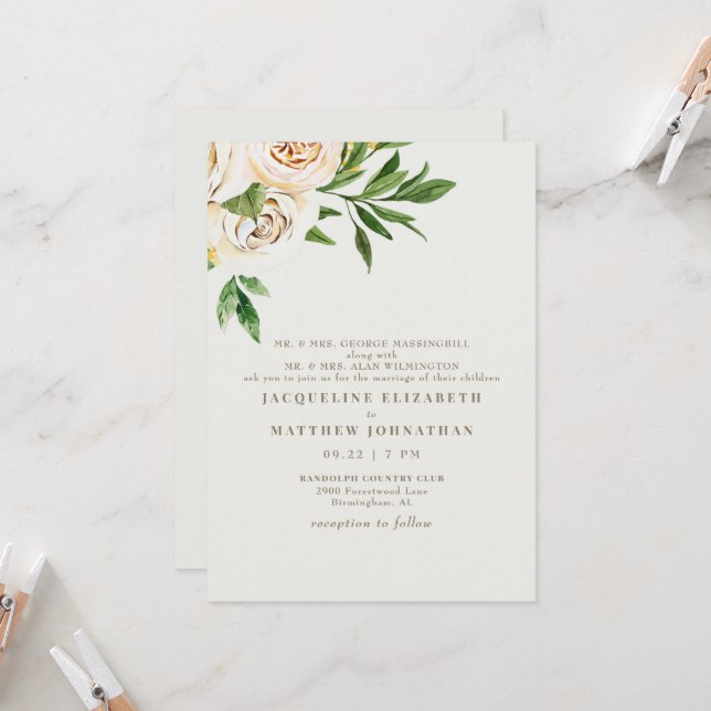 Invitation Elégant crème Floral Peonies Mariage (Devant/Arrière en situation)