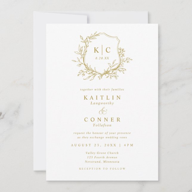 Invitation Elegant Crest Gold Classic Formal Wedding Logo (Devant)