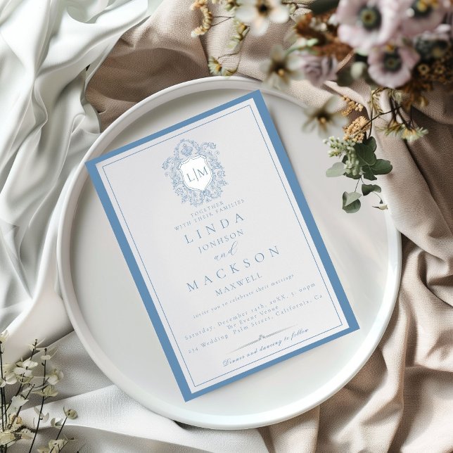 Invitation Elégant crête bleu Dusty Monogram Mariage Invitat (Créateur téléchargé)